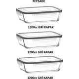 Feyzade Fresco Cam Kilitli Saklama Kabı 3'lü Set Dikdörtgen (1200 CC)-(FRS-257) - Gri