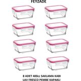 Feyzade Fresco Kahvaltılık Saklama Kabı Seti 8 Adet 400CC Pembe Kapaklı Dikdörtgen (FRS-237)