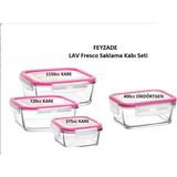 Feyzade Fresco Kilitli Cam Saklama Kabı Seti Pembe Kapak 4 Adet (1150CC-720CC-400CC-375CC)
