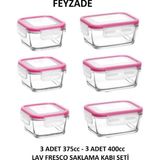 Feyzade Fresco Saklama Kabı Seti 3 Adet 400CC (Dikdörtgen) ve 3 Adet 375CC (Kare) - Pembe