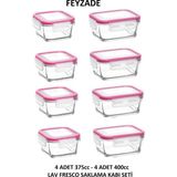 Feyzade Fresco Saklama Kabı Seti 4 Adet 400CC (Dikdörtgen) ve 4 Adet 375CC (Kare) - Pembe