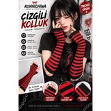FG KONNİCHİWA KONNİCHİWA Mor ve Kırmızı Siyah Çizgili Parmaksız Uzun Kolluk – Gotik Punk Unisex Kol Aksesuarı ELDİVEN