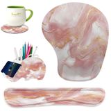 FGDRFGRW Klavye Bilek Dinlenme Pedi Ergonomik Mouse Pad Seti, Dizüstü Bilgisayar, Ev, Oyun, Ofis, Eşleşen Fil Kalem Tutucu ve Bardak Altlığı için Kaymaz PU Taban (Pembe Altın Mermer)