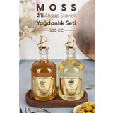 Fhilli Moss 2'li Ahşap Stantlı Damlatmaz Zeytinyağı Sıvıyağ Şişesi Cam Yağdanlık Seti 500 ml