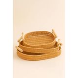 Fhilli Natura - 3'lü Oval Rattan Hasır Servis ve Sunum Tepsisi Seti Ahşap Saplı Dekoratif Tepsi