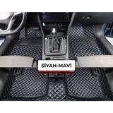 Fıat Albea 2003-2012 Siyah Üzeri Mavi Dikiş 8d Diamond Premium Havuzlu Deri Oto Paspas - Siyah - Mavi