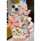 Fibaks Apple iPhone 13 Kılıf Renk Değiştiren Taşlı Kamera Lens Korumalı Pembe Çiçek Desenli Darbe Emici Kapak - Turuncu