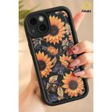 Fibaks Apple iPhone 13 Kılıf Yumuşak Dokulu Ayçiçeği Desenli Yumuşak Kamera Korumalı Silikon Kapak - Siyah - Sarı