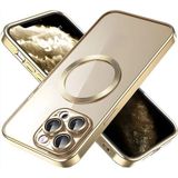 Fibaks Apple iPhone 14 Pro Max Kılıf Logo Gösteren Parlak Kenarlı Kamera Lens Korumalı Şeffaf Omega Silikon Kapak - Gold