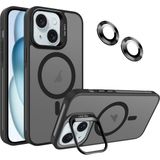 Fibaks Apple iPhone 15 Kılıf Standlı Mat Magsafe Metal Tuşlu Kamera Lens Hediyeli Wonk Kapak - Siyah