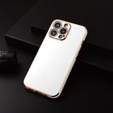 Fibaks Apple iPhone 15 Pro Kılıf Parlak Kenarlı Altın Işlemeli Kamera Korumalı Kapak - Beyaz