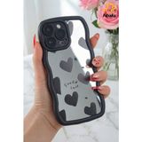 Fibaks Apple iPhone 15 Pro Max Kılıf Aynalı Kalp Desenli Yumuşak Kenarlı Kamera Korumalı Silikon Kapak - Siyah - Gri