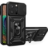Fibaks Apple iPhone 15 Pro Max Kılıf Kamera Korumalı Sürgülü Yüzüklü Armor Military Tank Kapak - Siyah