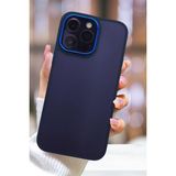 Fibaks Apple iPhone 15 Pro Max Kılıf Metal Çerçeve Hassas Butonlu Renkli Buzlu Şeffaf Transparan Kapak - Lacivert