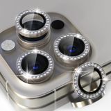 Fibaks Apple iPhone 15 Pro Max Taşlı Parlak Kamera Lens Koruyucu Cam ve Çerçeve Kamera Koruma Lensi - Titanyum Gri