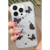 Fibaks Apple iPhone 15 Pro Uyumlu Kılıf Simli Siyah Kelebek Desenli Renkli Parlak Darbe Emici Kapak - Siyah - Gümüş