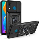 Fibaks Huawei P30 Lite Uyumlu Kılıf Kamera Korumalı Sürgülü Yüzüklü Armor Military Tank Zırh - Siyah