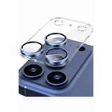 Fibaks iPhone 17 Pro Safir AR+AF Pürüzsüz Şeffaf Zeminli Lacivert Çerçeveli Tam Koruma Kamera Lens Koruyucu
