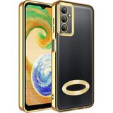 Fibaks Samsung Galaxy A04S Kılıf Logo Gösteren Parlak Kenarlı Kamera Lens Korumalı Şeffaf Omega Silikon Kapak - Gold