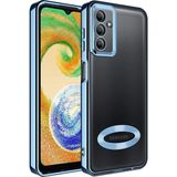 Fibaks Samsung Galaxy A04S Kılıf Logo Gösteren Parlak Kenarlı Kamera Lens Korumalı Şeffaf Omega Silikon Kapak - Mavi