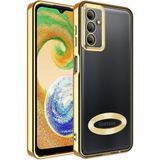 Fibaks Samsung Galaxy A34 Kılıf Logo Gösteren Parlak Kenarlı Kamera Lens Korumalı Şeffaf Omega Silikon Kapak - Gold