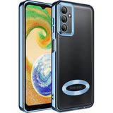 Fibaks Samsung Galaxy A34 Kılıf Logo Gösteren Parlak Kenarlı Kamera Lens Korumalı Şeffaf Omega Silikon Kapak - Mavi