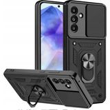 Fibaks Samsung Galaxy A55 Kılıf Kamera Korumalı Sürgülü Yüzüklü Armor Tank Kapak - Siyah