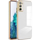 Fibaks Samsung Galaxy S20 Fe Uyumlu Kılıf Parlak Kenarlı Altın Işlemeli Kamera Korumalı Kapak - Beyaz