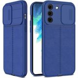 Fibaks Samsung Galaxy S21 Plus Uyumlu Kılıf Sürgülü Slide Kamera Korumalı Deri Görünümlü Lüks Kapak - Lacivert