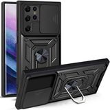Fibaks Samsung Galaxy S22 Ultra Uyumlu Kılıf Kamera Korumalı Sürgülü Yüzüklü Armor Military Tank Zırhlı - Siyah