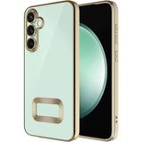 Fibaks Samsung Galaxy S24 Plus Kılıf Logo Gösteren Parlak Kenarlı Kamera Lens Korumalı Şeffaf Omega Silikon Kapak - Gold