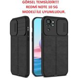 Fibaks Xiaomi Redmi Note 10 5g Kılıf Sürgülü Slide Kamera Korumalı Deri Görünümlü Leke Tutmaz Lüks Silikon - Siyah