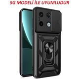 Fibaks Xiaomi Redmi Note 13 Pro 5g Kılıf Kamera Korumalı Sürgülü Yüzüklü Armor Military Tank Koruyucu Kapak - Siyah