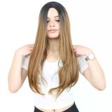 Fiber Sen Uzun Düz Peruk / Siyah / Karamel Ombreli