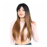 Fiber Sentetik Uzun Düz Kahküllü Peruk - Siyah / Karamel Ombreli