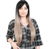 Fiber sentetik uzun düz kahküllü peruk / siyah / küllü bebek sarı ombreli