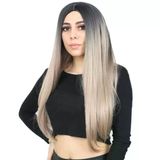 Fiber Sentetik Uzun Düz Peruk - Siyah / Küllü Bebek Sarı Ombreli H9016-2F85-612-Pm-14X