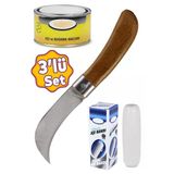 Fidan Aşı Bıçağı Eğri Uçlu Bağ Bıçağı Ara Çakı 21 Cm + Aşı Bandı + Aşı Macunu (3'Lü Set)