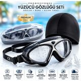 Fidan Oyuncak Profesyonel Yüzücü Gözlüğü Seti - Anti-Fog Buğu Yapmaz Uv Korumalı Su Geçirmez Havuz Deniz Sörf Gözlüğü + Bone + Kulak Tıkacı + Taşıma Kutusu - Gri - Siyah