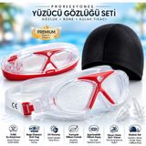 Fidan Oyuncak Profesyonel Yüzücü Gözlüğü Seti - Anti-Fog Buğu Yapmaz Uv Korumalı Su Geçirmez Havuz Deniz Sörf Gözlüğü + Bone + Kulak Tıkacı + Taşıma Kutusu - Kırmızı