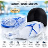 Fidan Oyuncak Profesyonel Yüzücü Gözlüğü Seti - Anti-Fog Buğu Yapmaz Uv Korumalı Su Geçirmez Havuz Deniz Sörf Gözlüğü + Bone + Kulak Tıkacı + Taşıma Kutusu - Mavi - Şeffaf