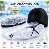 Fidan Oyuncak Profesyonel Yüzücü Gözlüğü Seti - Anti-Fog Buğu Yapmaz Uv Korumalı Su Geçirmez Havuz Deniz Sörf Gözlüğü + Bone + Kulak Tıkacı + Taşıma Kutusu - Siyah - Şeffaf