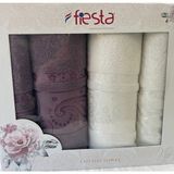 Fiesta %100 Pamuklu Hamam Takımı - 90 x 150 cm - Mürdüm - Bej