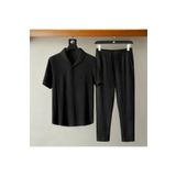 Fifty Color Alaçatı Stili Erkek Bürümcük Krinkıl Kumaş Yazlık Likralı Polo Yaka Tshirt ve Eşofman Takım kombini