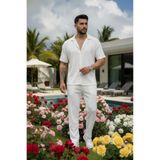 Fifty Color Erkek Yazlık Düğmeli Kısa Kollu Gömlek Ve Bağcıklı Pantolon Takım Çift Cepli Krinkıl Kumaş