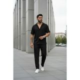 Fifty Color Unisex Trend Bürümcük Krinkıl Kumaş Yazlık Likralı Kısa Kol Gömlek ve Eşofman Takım - Siyah - XL