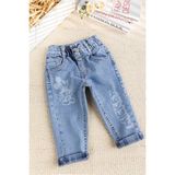 Fiğürlü Denim Pamuku Şık Kot Kız Bebek Pantolon - Mavi - 6 - 9 Ay