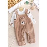 Fiğürlü Kışlık Kadife Erkek Bebek Salopet Tulum Set - Kahverengi - 6 - 9 Ay