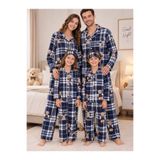 Fil Kids Aile Pijama Takımı Anne Baba Çocuk Pamuklu Süet Kumaş Ekose Ayıcık Desen Mavi Beyaz Kışlık Pijama Takımı Uyku Bantlı