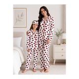 Fil Kids Anne-Kız Çocuk Beyaz Çilek Desenli Kışlık Gömlek Yaka Düğmeli Uyku Bantlı Pijama Takımı Pamuklu Milan Kumaş